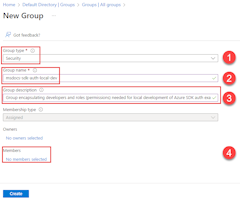 螢幕擷取畫面：顯示如何建立新 Microsoft Entra 群組。選取新增成員到此群組的連結位置會反白顯示。