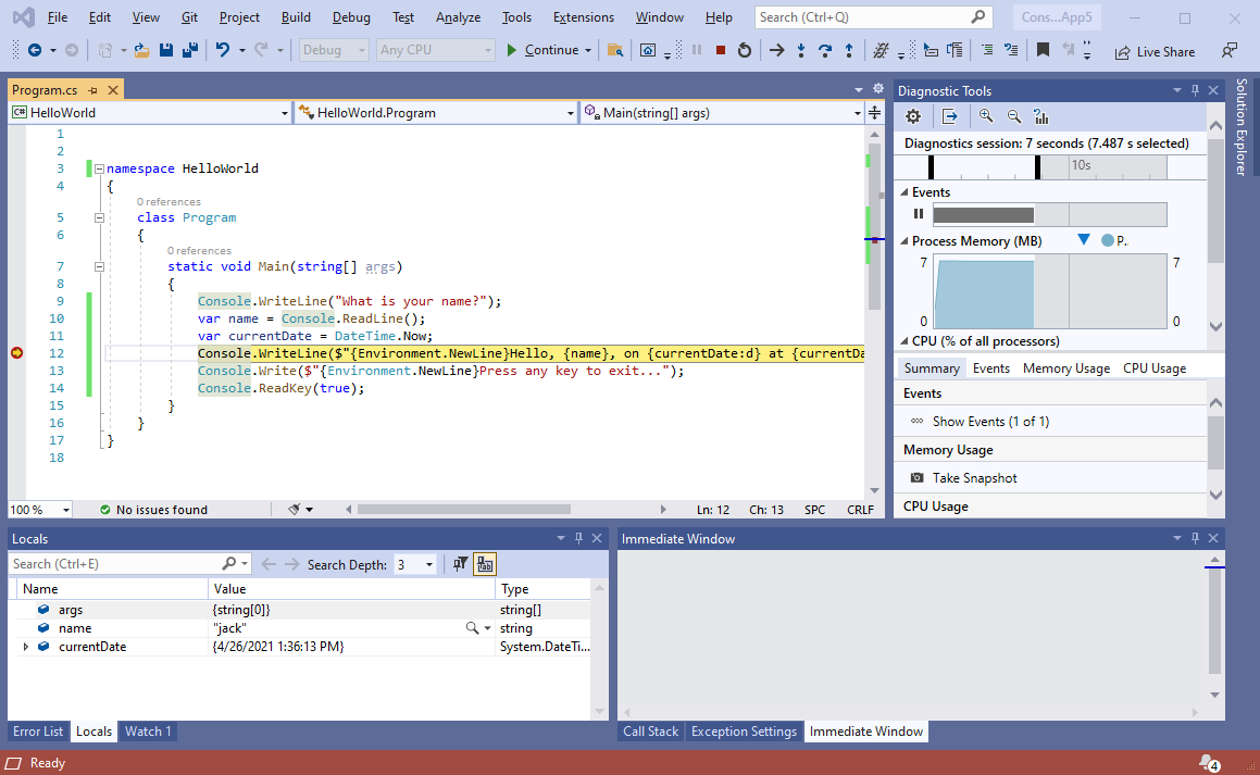 Visual Studio 中斷點的螢幕快照