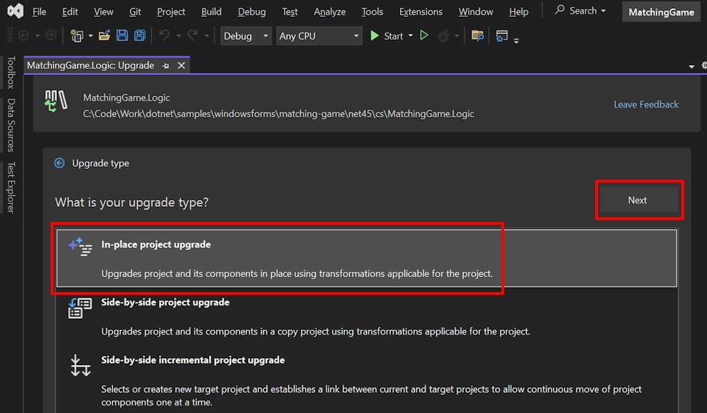 此螢幕擷取畫面顯示 .NET 升級小幫手索引標籤。其中強調顯示 [就地專案升級] 選項。