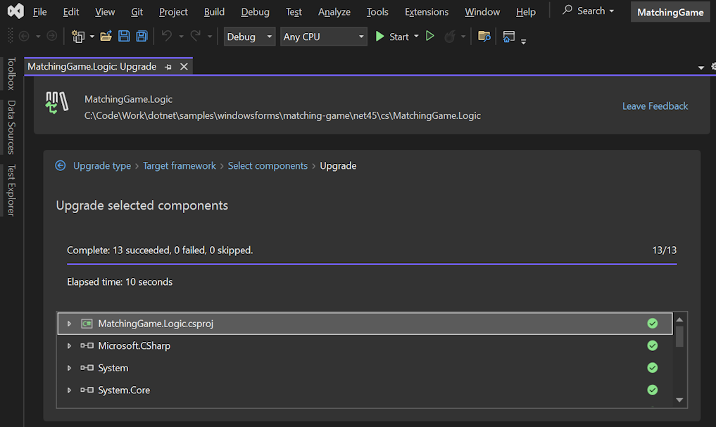 此螢幕擷取畫面顯示 .NET 升級小幫手的升級結果索引標籤，其中顯示從專案移轉的項目。