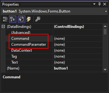 Visual Studio 屬性視窗會醒目提示 Windows Forms 按鈕的 Command 和 CommandParameter 屬性。