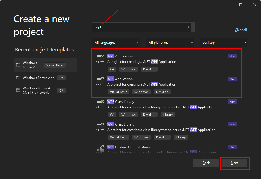 在 Visual Studio 2022 for .NET 中搜尋 WPF 範本。6