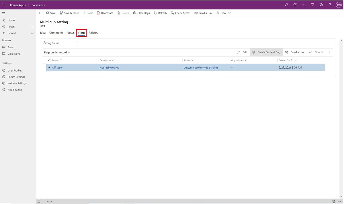 選取 Customer Service Community 中的 [旗標] 索引標籤。