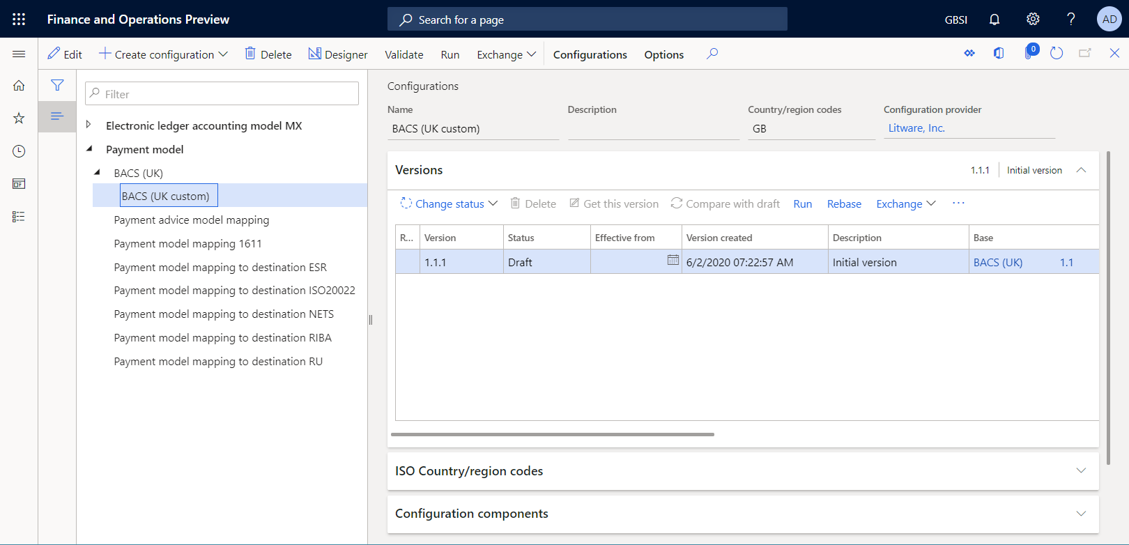 帶有 BACS (UK custom) ER 格式設定版本 1.1.1 的設定頁面。