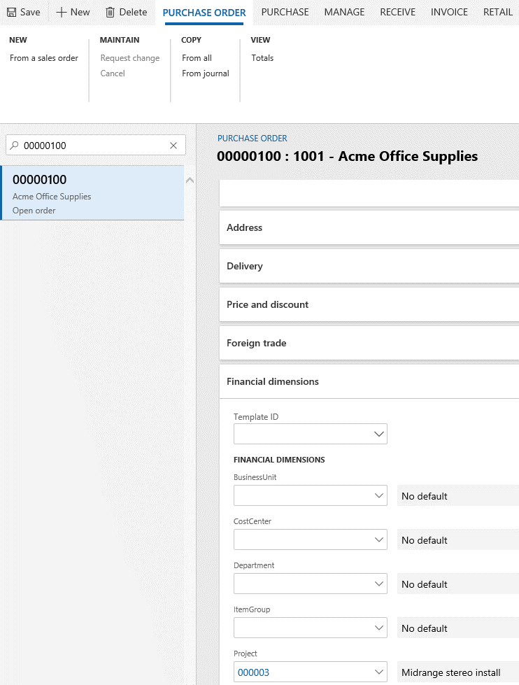 Default dimension modified on a document line (purchase order line).