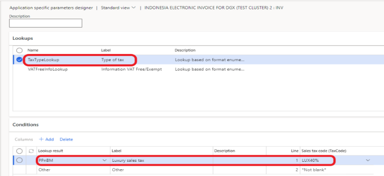 Setting application-specific parameters for sales tax codes.