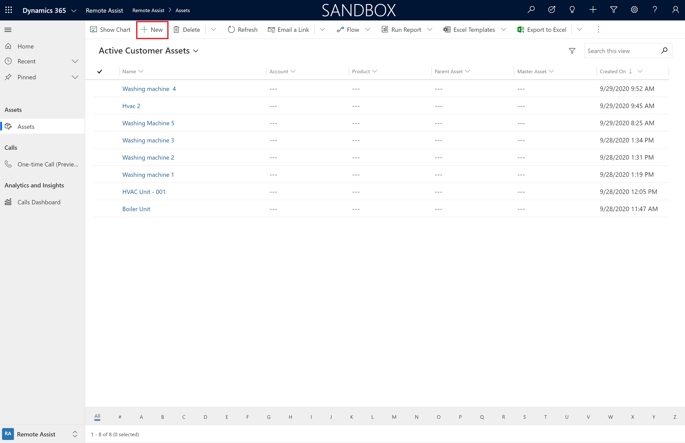 Dynamics 365 Remote Assist 模型導向應用程式的螢幕擷取畫面，顯示新增選項。