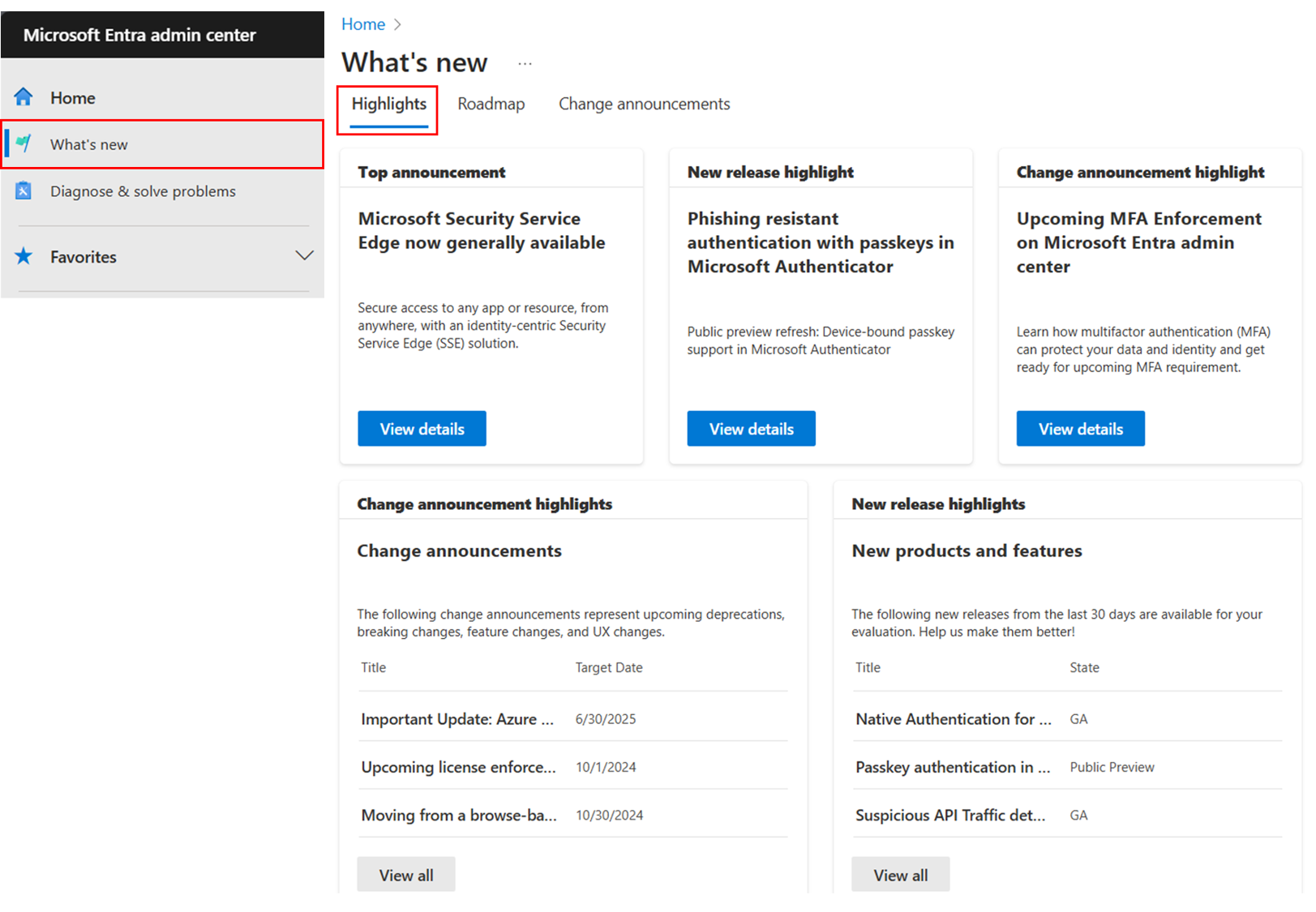 Microsoft Entra 系統管理中心Microsoft新功能醒目提示體驗的螢幕快照。