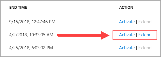 此螢幕擷取畫面顯示含有「啟用」或「延長」連結的 [動作] 資料行。