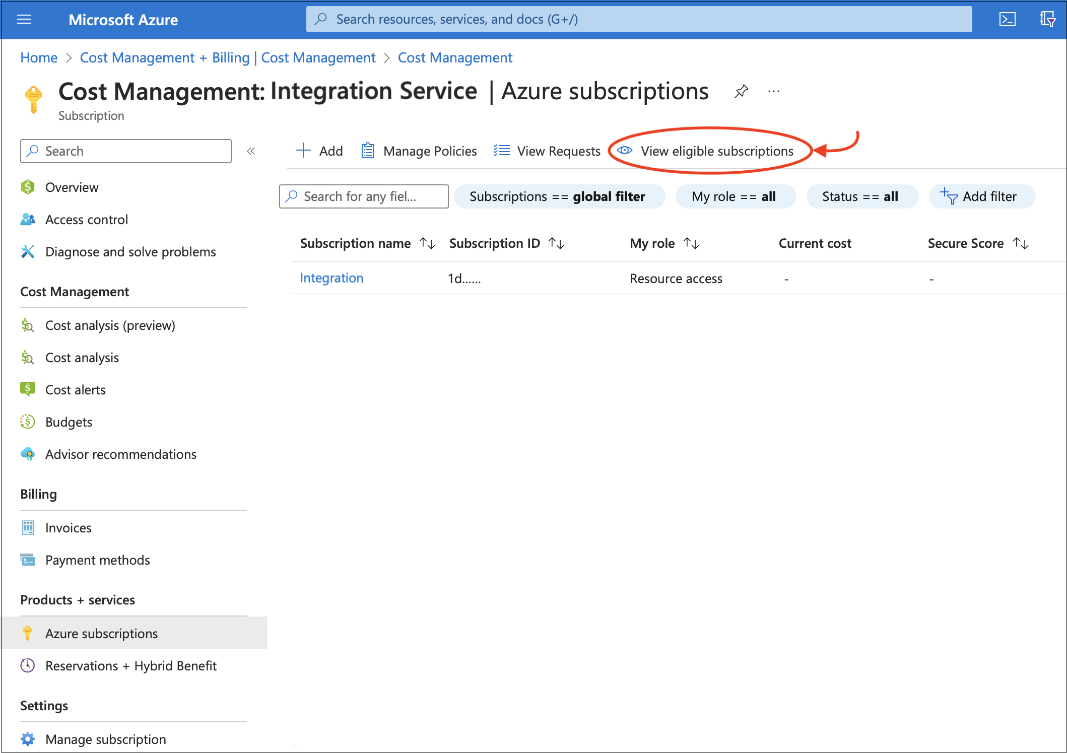 [成本管理：Integration Service] 頁面上檢視合格訂用帳戶的螢幕快照。