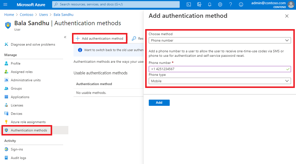 在 Microsoft Entra 系統管理中心設定使用者的電話號碼，以搭配 SMS 型驗證使用