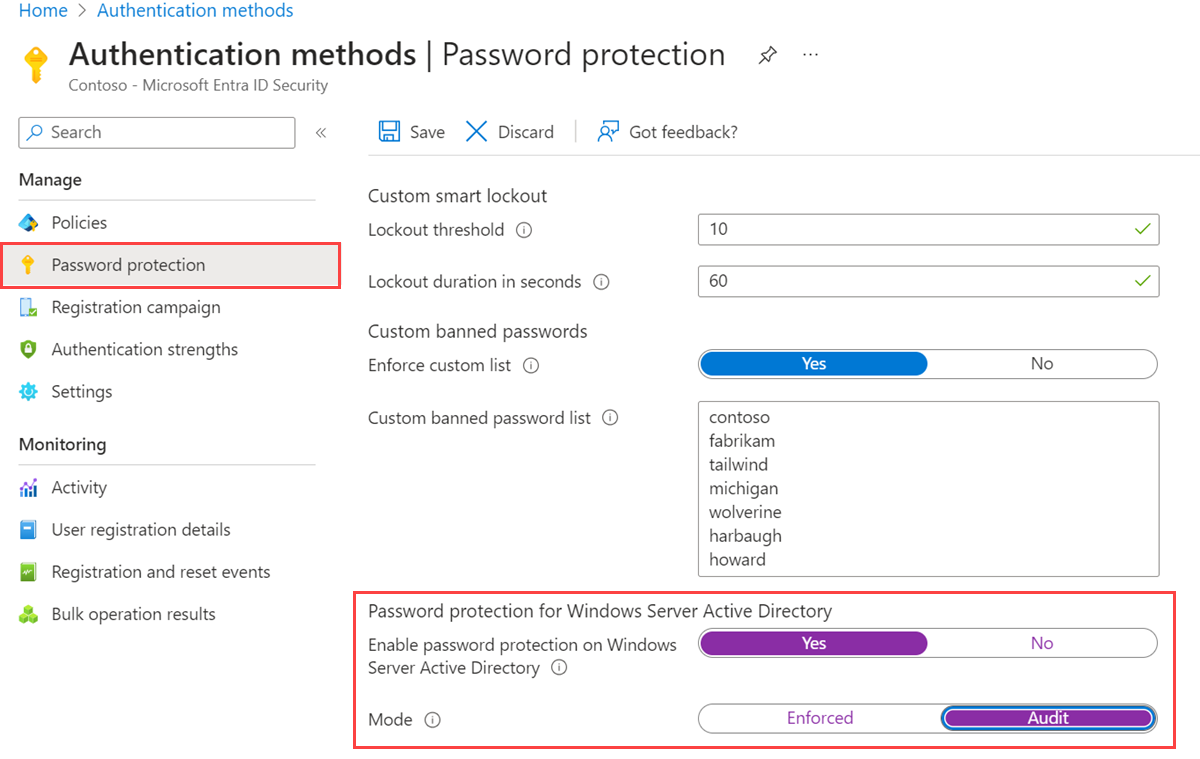 在 Microsoft Entra 系統管理中心的 [驗證方法] 底下啟用內部部署密碼保護