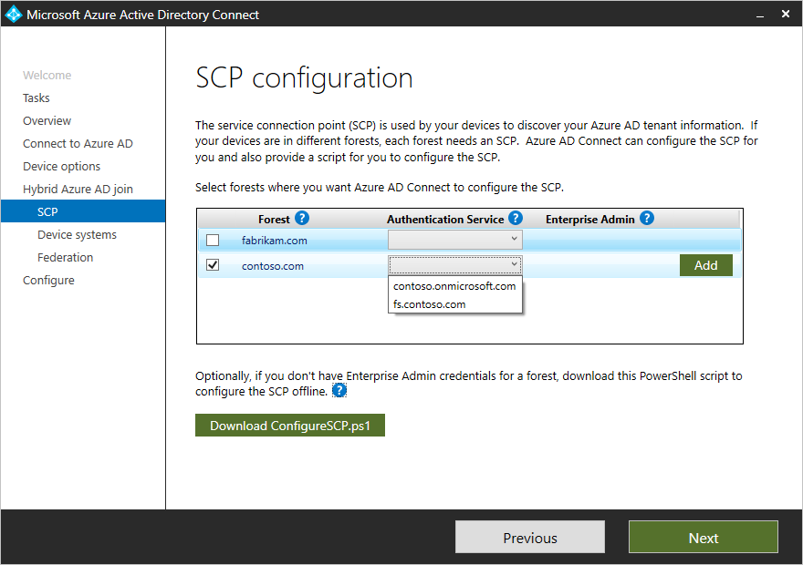 此螢幕擷取畫面顯示 Microsoft Entra Connect，以及同盟網域中 SCP 設定的選項。