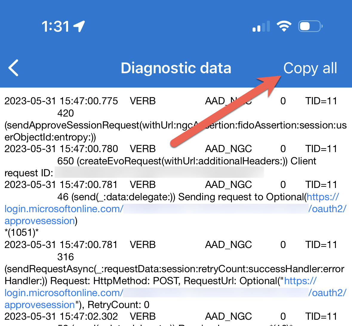 此螢幕擷取畫面顯示 Microsoft Authenticator 應用程式中 [複製所有記錄] 選項。