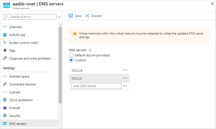 設定虛擬網路 DNS 伺服器，以使用 Domain Services 網域控制站