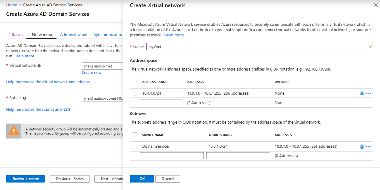 建立要與 Microsoft Entra Domain Services 搭配使用的虛擬網路和子網路