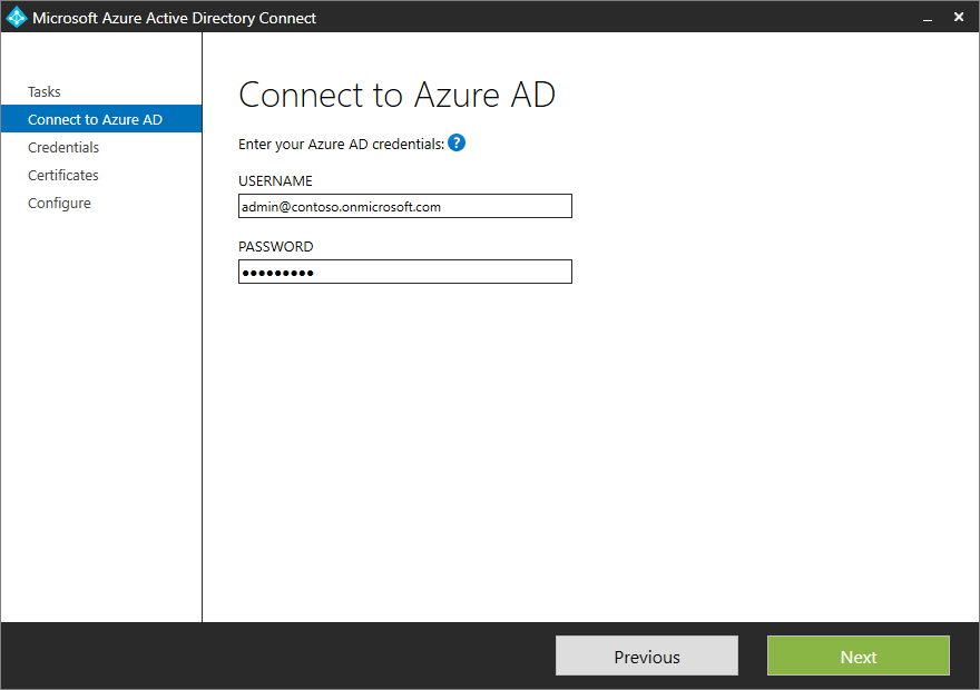 顯示 [連線到 Microsoft Entra ID] 頁面的螢幕擷取畫面，其中已輸入範例認證。