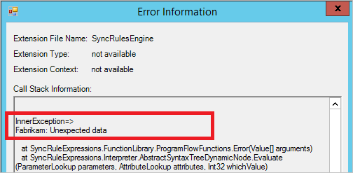 Synchronization Service Manager 的螢幕快照，其中顯示 InnerException =>