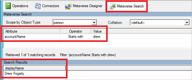 同步處理服務管理員 (Synchronization Service Manager) 的螢幕快照，其中已選取 [Metaverse 搜尋] 索引標籤