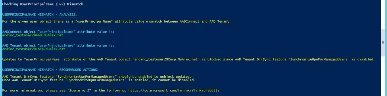 此螢幕擷取畫面顯示 PowerShell 中受控使用者錯誤的 UPN 同步處理範例。