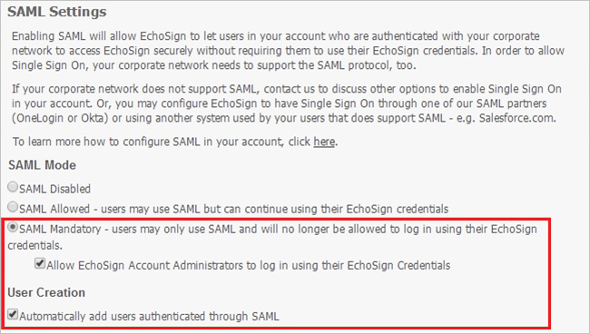 醒目提示 SAML 設定 (包括 [SAML 強制]) 的螢幕擷取畫面。