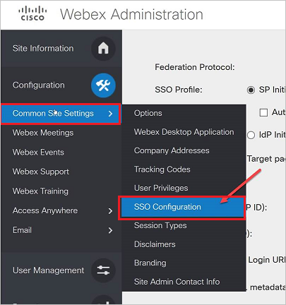 顯示 Cisco Webex 管理的螢幕擷取畫面，其中已選取 [一般網站設定] 和 [SSO 設定]。