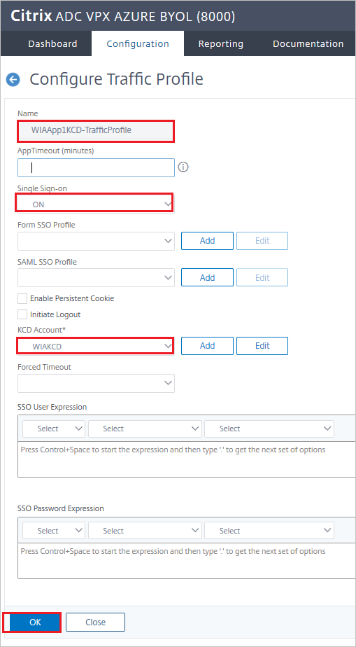 「Citrix ADC SAML Connector for Microsoft Entra 設定 - 設定流量設定檔窗格」的螢幕擷取畫面。