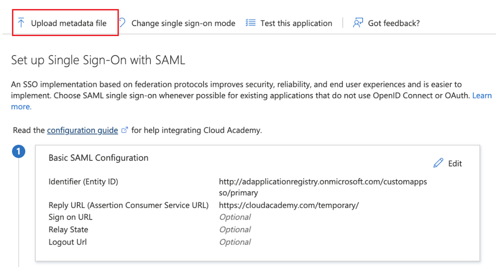 顯示在 Azure 應用程式中上傳中繼資料的螢幕擷取畫面。