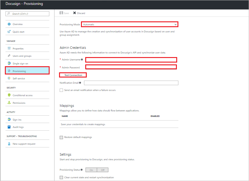 螢幕擷取畫面：Azure 入口網站中 DocuSign 的 [佈建] 索引標籤。[佈建模式] 設定為 [自動]，且已醒目提示 [管理員使用者名稱]、[密碼] 和 [測試連線]。