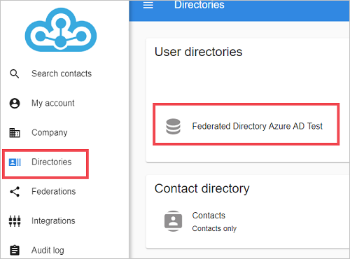 螢幕擷取畫面：Federated Directory 管理主控台，其中已醒目提示 [目錄] 和 [Federated Directory Microsoft Entra ID 測試]。