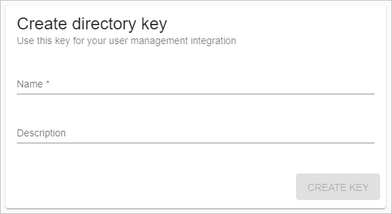 螢幕擷取畫面：Federated Directory 管理主控台的 [建立目錄金鑰] 頁面，其中包含 [名稱] 和 [描述] 欄位，以及 [建立金鑰] 按鈕。