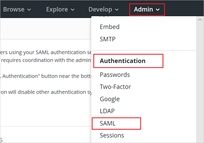 SAML 選項的螢幕擷取畫面