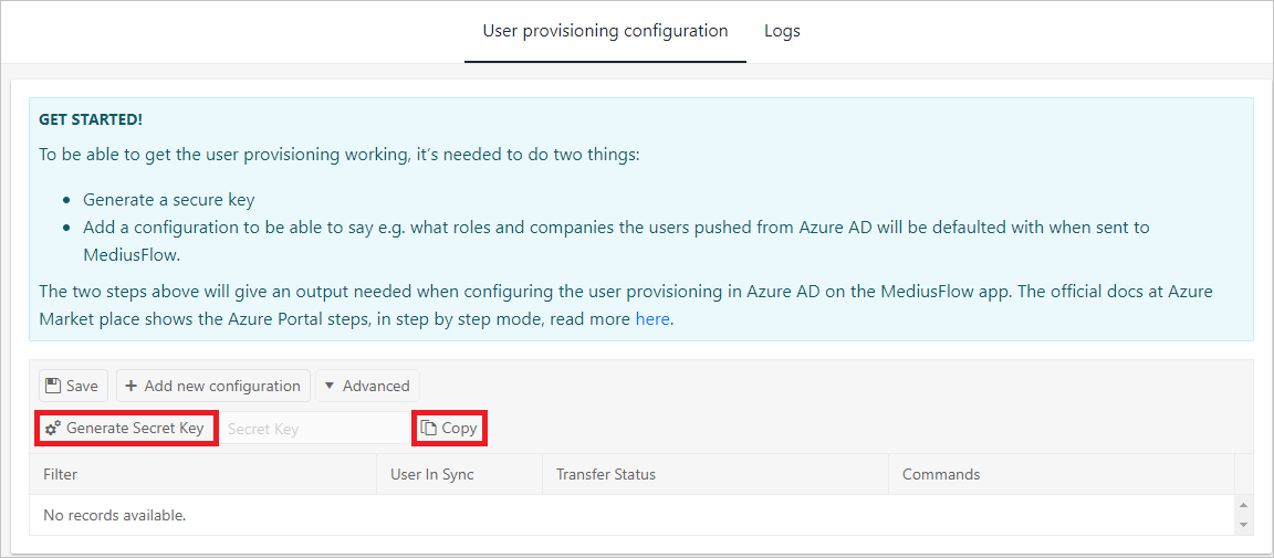 MediusFlow 管理主控台中的 [使用者佈建設定] 索引標籤的螢幕擷取畫面。已醒目提示 [產生秘密金鑰] 和 [複製] 按鈕。