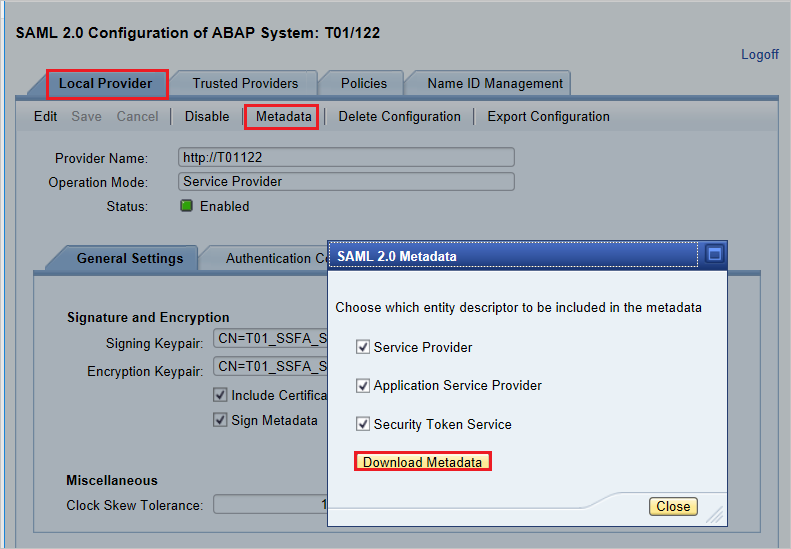 SAP SAML 2.0 中繼資料對話方塊中的下載中繼資料連結