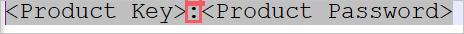純文字的螢幕擷取畫面，其中顯示以冒號分隔的產品金鑰和產品密碼。