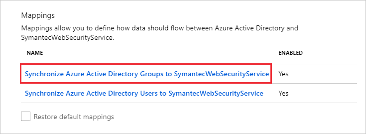 螢幕擷取畫面：[對應] 區段，其中已指出 [將 Microsoft Entra 群組同步至 Symantec Web Security Service (WSS)] 選項。