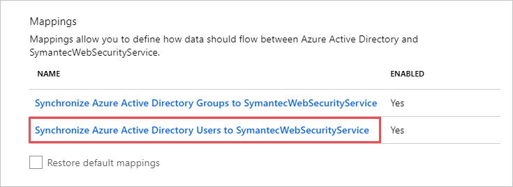 螢幕擷取畫面：[對應] 區段，其中已指出 [將 Microsoft Entra 使用者同步至 Symantec Web Security Service (WSS)] 選項。