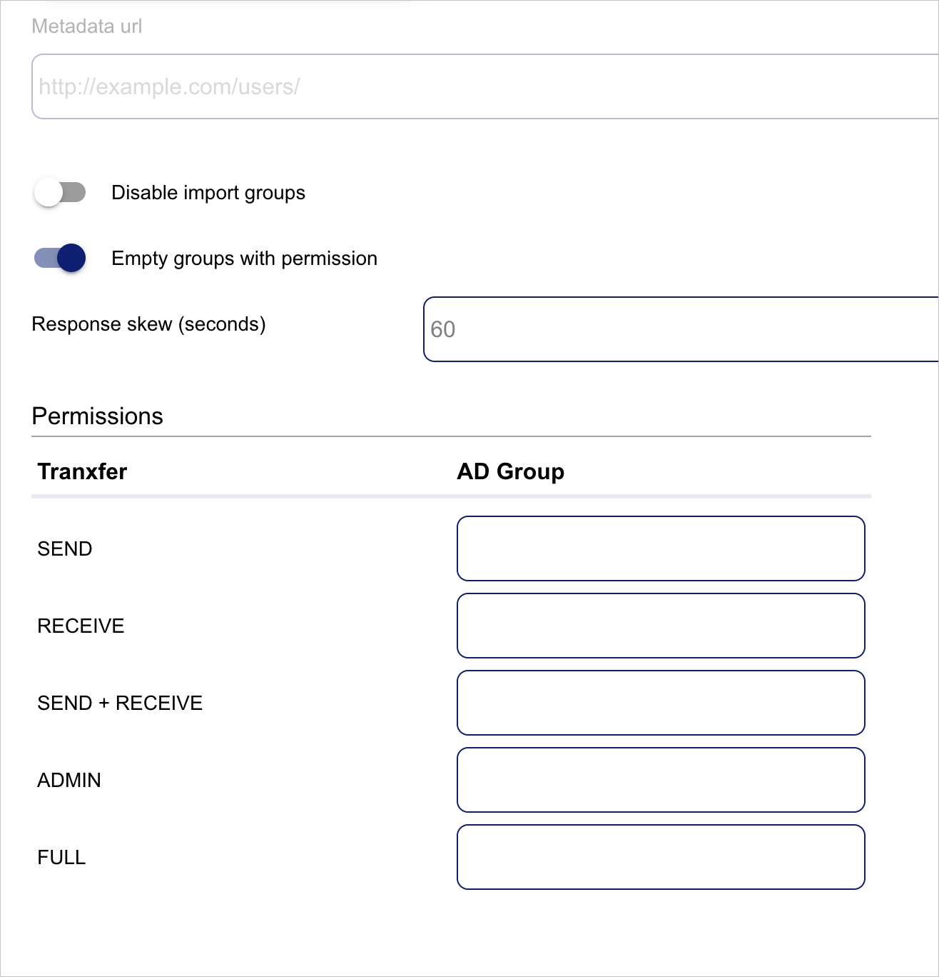 顯示 Tranxfer SAML 設定的螢幕擷取畫面。