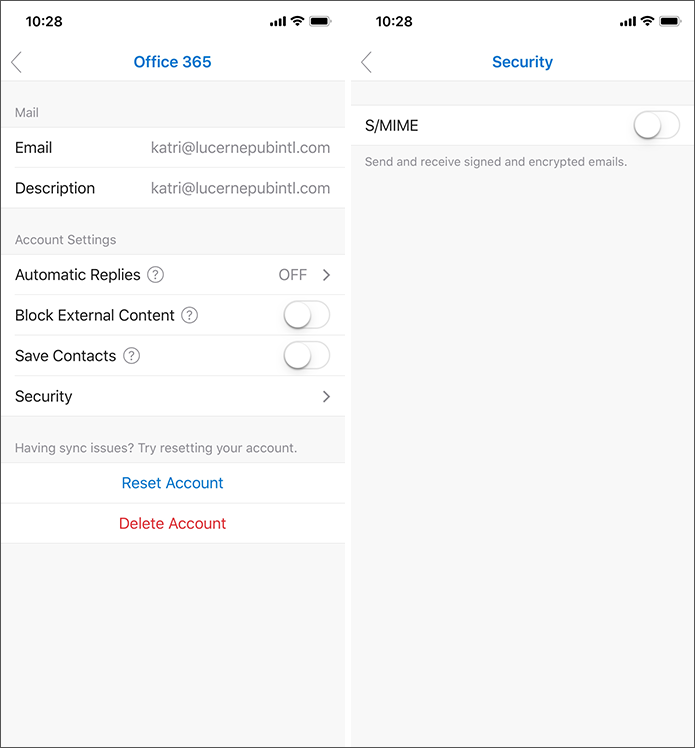 顯示 iOS 版 Outlook S/MIME 安全性設定的螢幕快照。