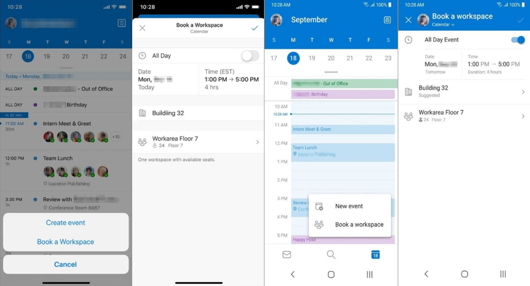 iOS 版和 Android 版 Outlook 中工作區的螢幕快照。