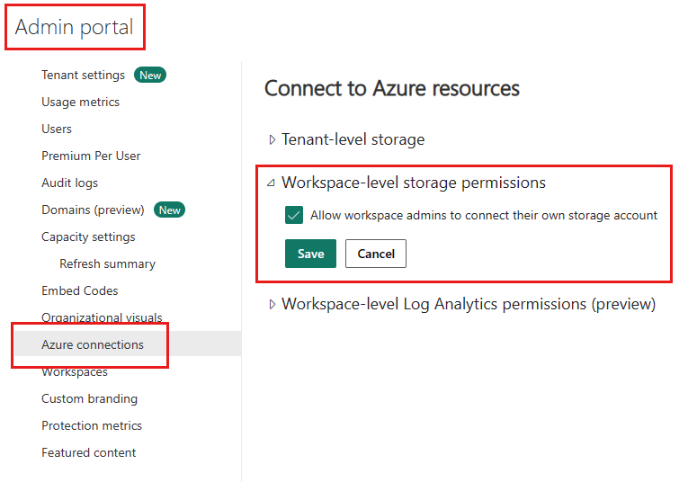 Azure 連線設定頁面的螢幕擷取畫面，其中顯示 [允許工作區管理員連線自己的 Log Analytics 工作區] 核取方塊。