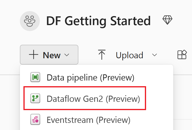 螢幕擷取畫面，其中強調 Dataflow Gen2 選取範圍。