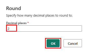 顯示 [ROUND] 對話方塊的螢幕擷取畫面，其中已醒目提示小數位數的數字 2 和 [確定] 按鈕。