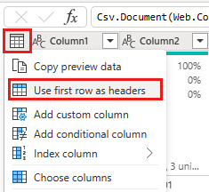 顯示從資料表特色選單選取 [使用第一個資料列作為標頭] 的螢幕擷取畫面。