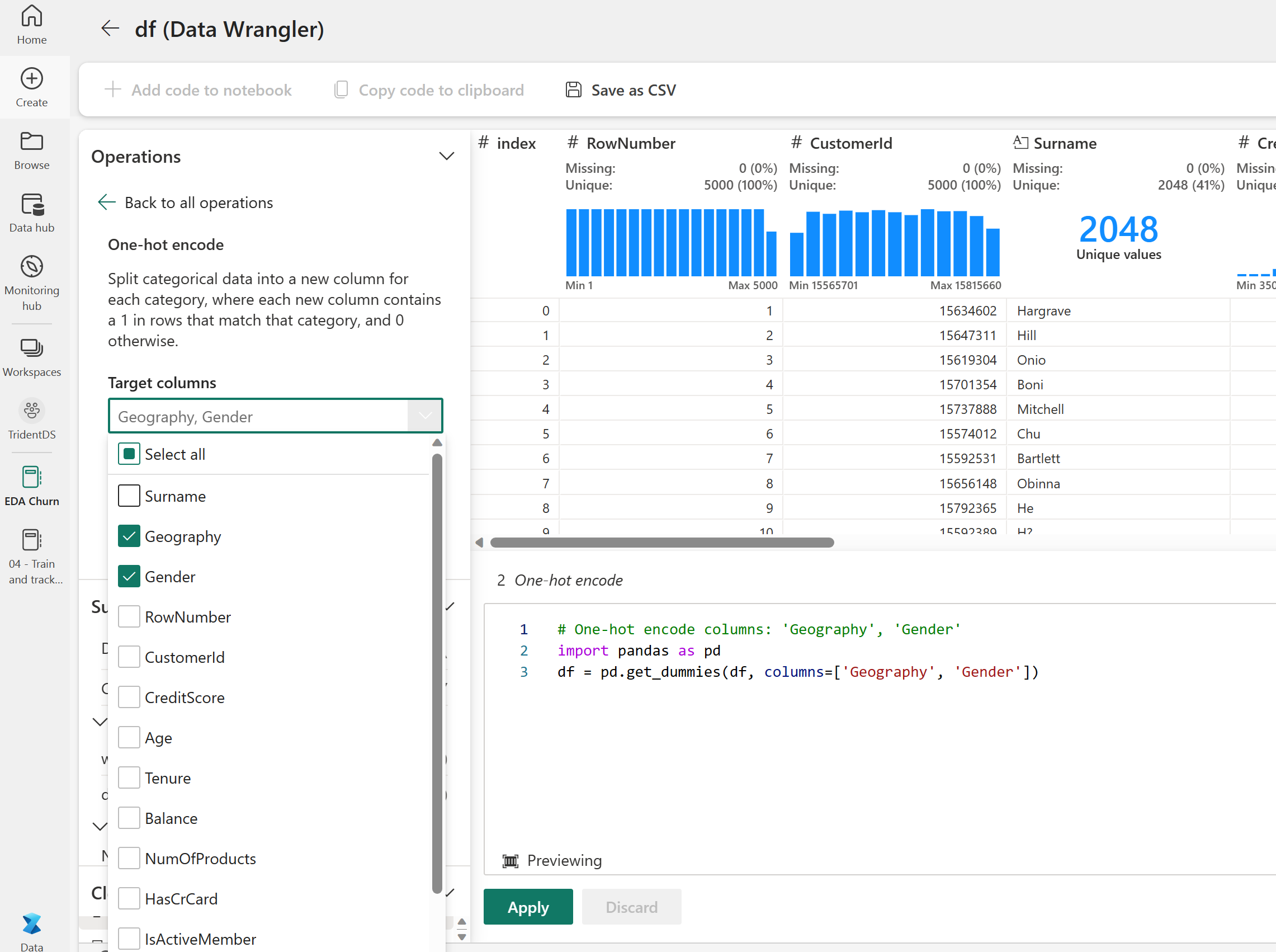 顯示 Data Wrangler 中選取資料行的螢幕擷取畫面。