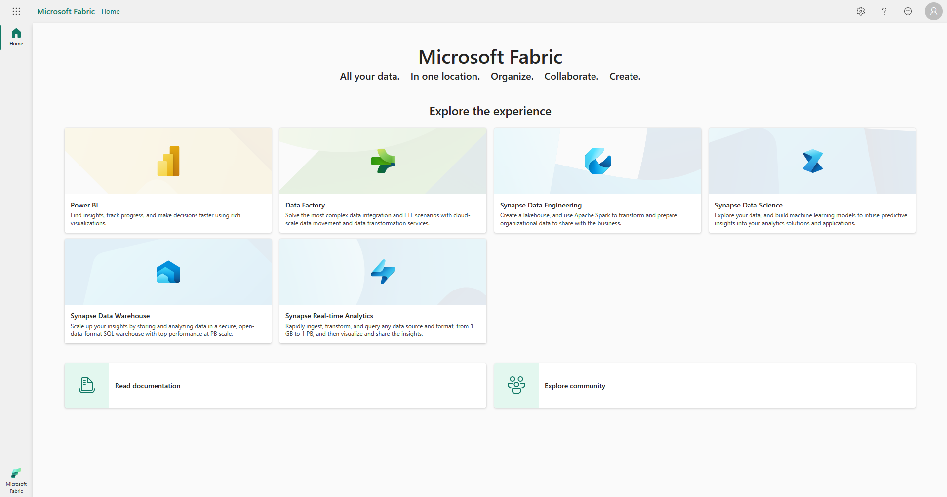 Microsoft Fabric 首頁的螢幕擷取畫面，其中以紅色框出帳戶管理。