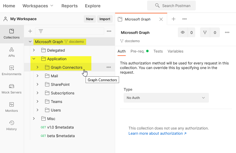 Screenshot of the My Workspace section in Postman, showing the Microsoft Graph collection forked