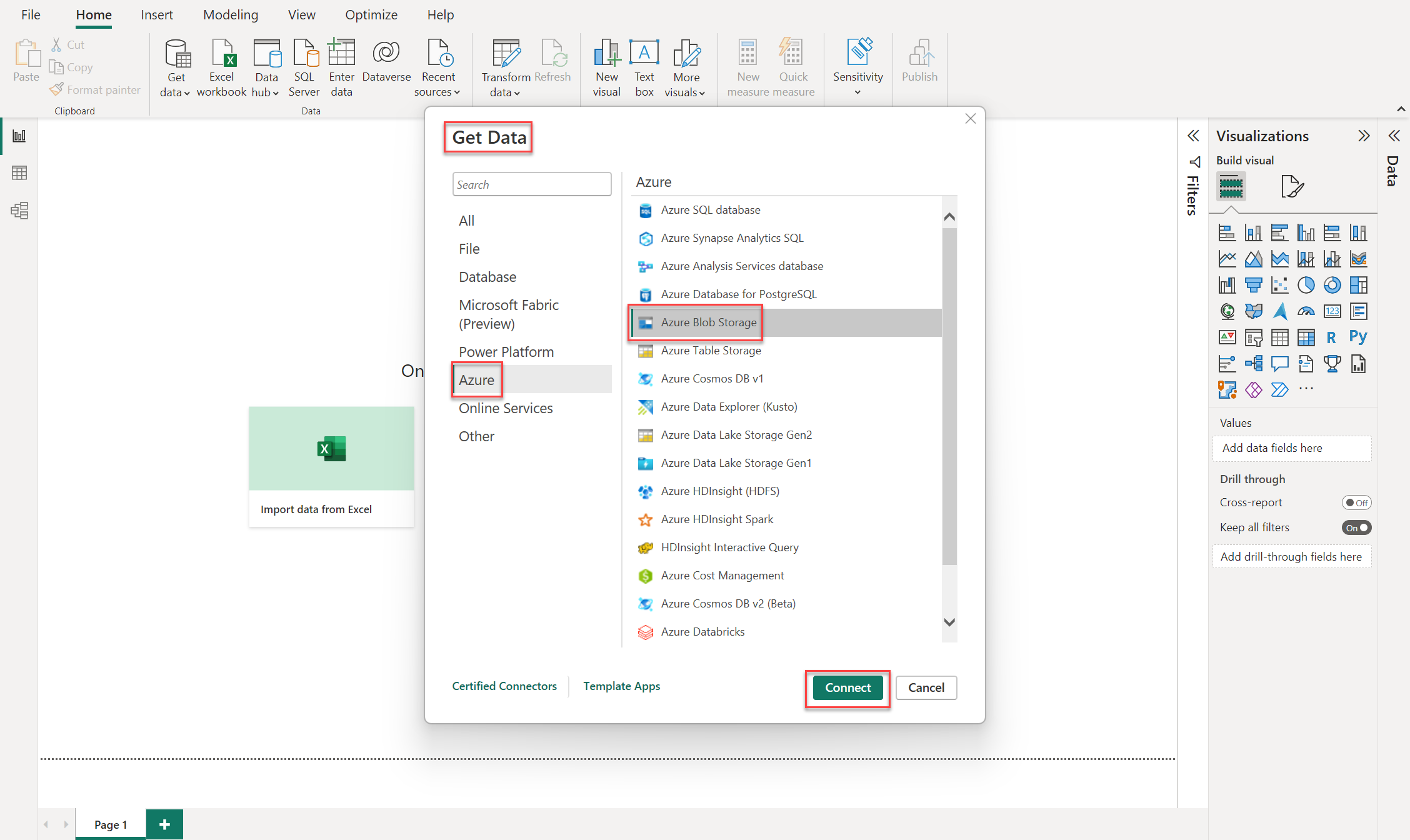 A screenshot that shows how to connect to get data from an Azure Blob Storage in Power BI.