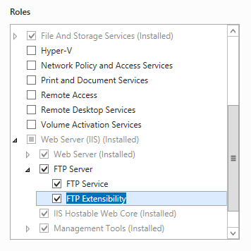 Windows Server 2012 介面中選取的 F T P 服務和 F T P 擴充性螢幕擷取畫面。