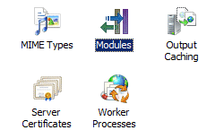 標題為 MIME 類型、模組、輸出快取、伺服器憑證和背景工作進程的五個圖示螢幕擷取畫面。標題為 [模組] 的圖示會反白顯示。
